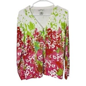 ORVIS Bright Floral Watercolor Button Front Cardigan, Small